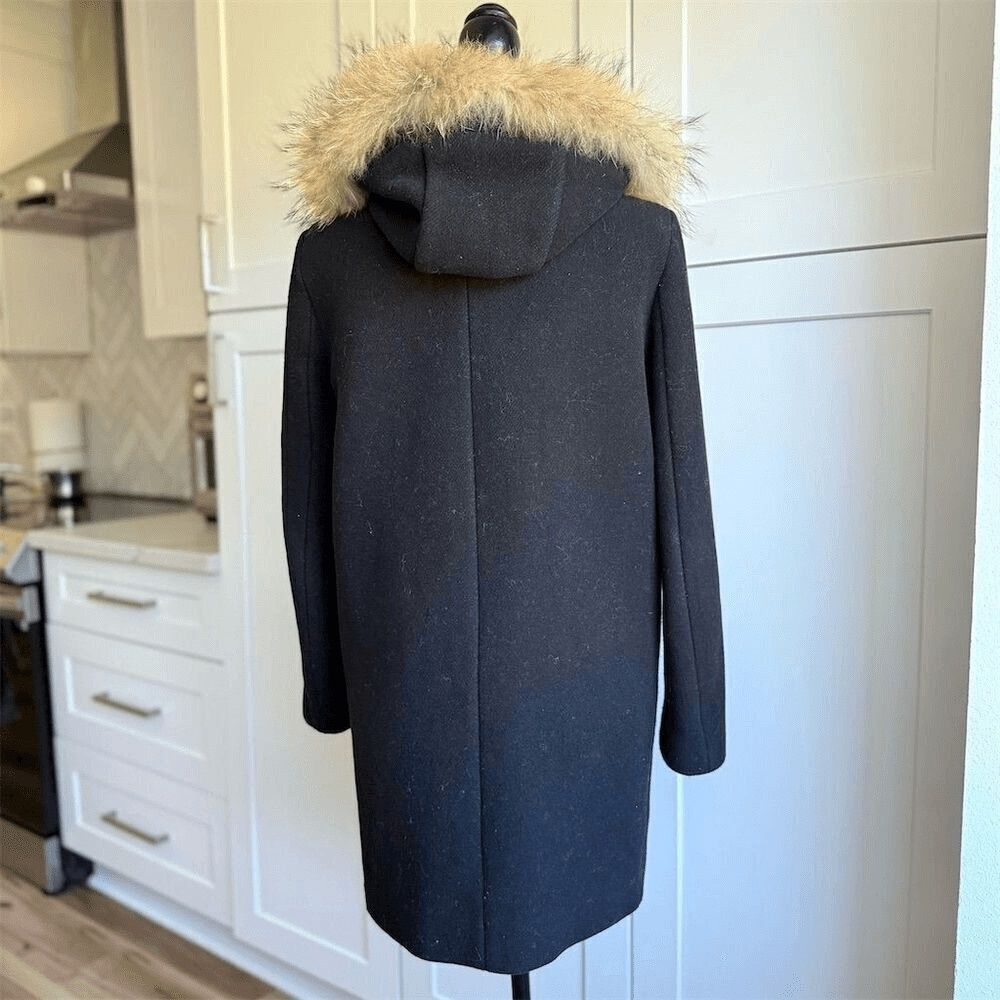 Sandro Paris Women's Black Wool Overcoat Size 40 / 8/M Fur-Trimmed Hood - Picture 5 of 9